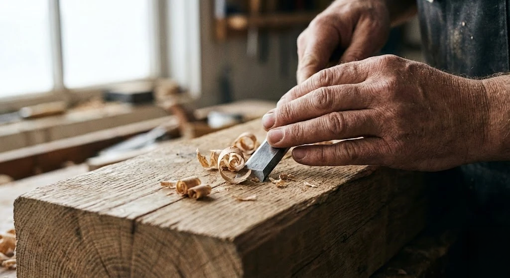Hand-Cut Timber Frame Joinery Detail by Rock Ridge Contracting in Northern Virginia