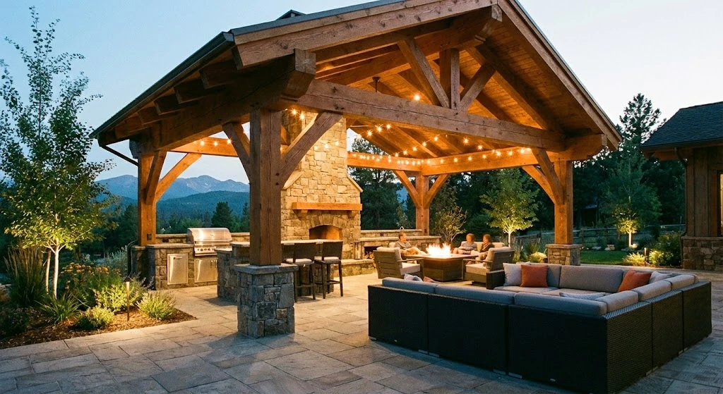 Custom Stone Fireplace and Premium Timber Frame Pavilion Design with Integrated Lighting